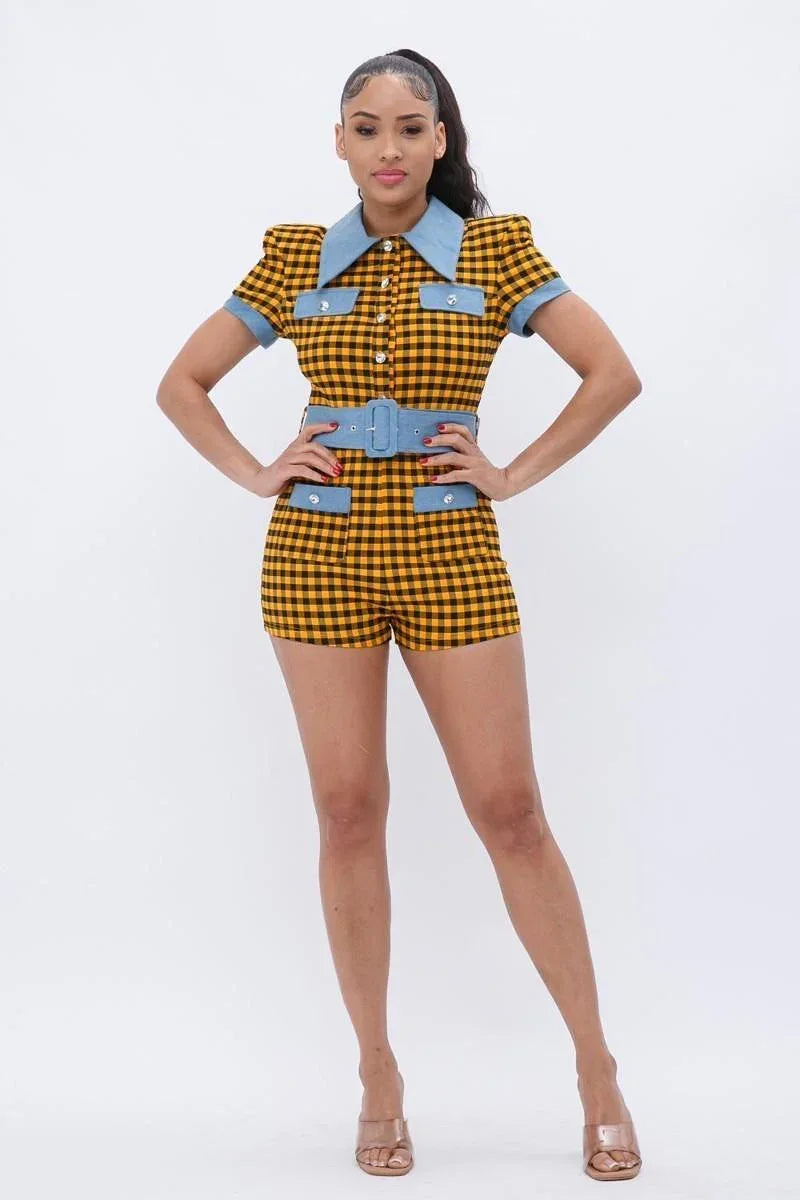 Plaid Print Denim Romper | Mixtshop LLC Main image