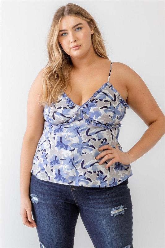 Plus Floral Print Woven Ruffle Sleeveless Back Zipper Tank Top | Mixtshop LLC