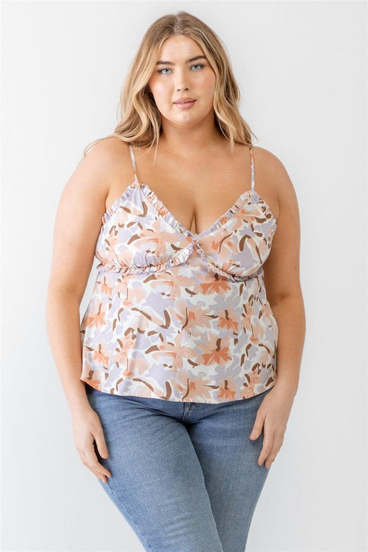 Plus Floral Print Woven Ruffle Sleeveless Back Zipper Tank Top | Mixtshop LLC