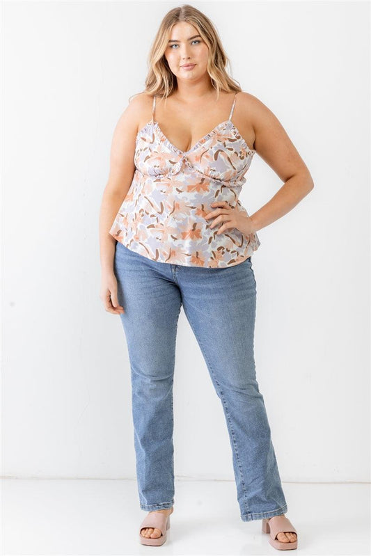 Plus Floral Print Woven Ruffle Sleeveless Back Zipper Tank Top | Mixtshop LLC