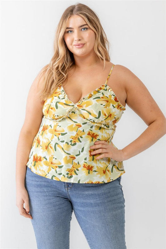 Plus Floral Print Woven Ruffle Sleeveless Back Zipper Tank Top | Mixtshop LLC