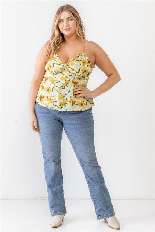 Plus Floral Print Woven Ruffle Sleeveless Back Zipper Tank Top | Mixtshop LLC