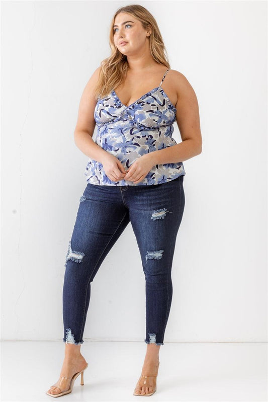 Plus Floral Print Woven Ruffle Sleeveless Back Zipper Tank Top | Mixtshop LLC