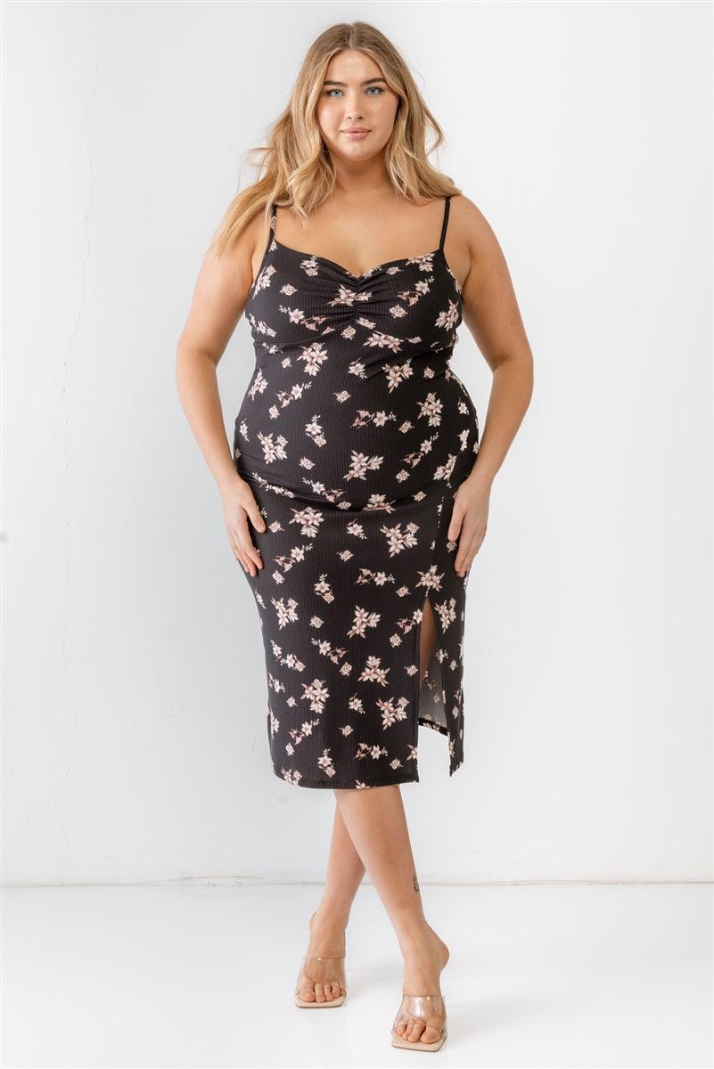 Plus Floral Ribbed Ruched Sleeveless Midi Dress | Mixtshop LLC