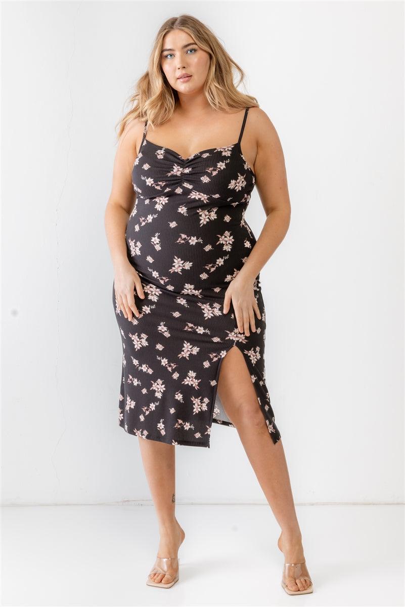 Plus Floral Ribbed Ruched Sleeveless Midi Dress | Mixtshop LLC