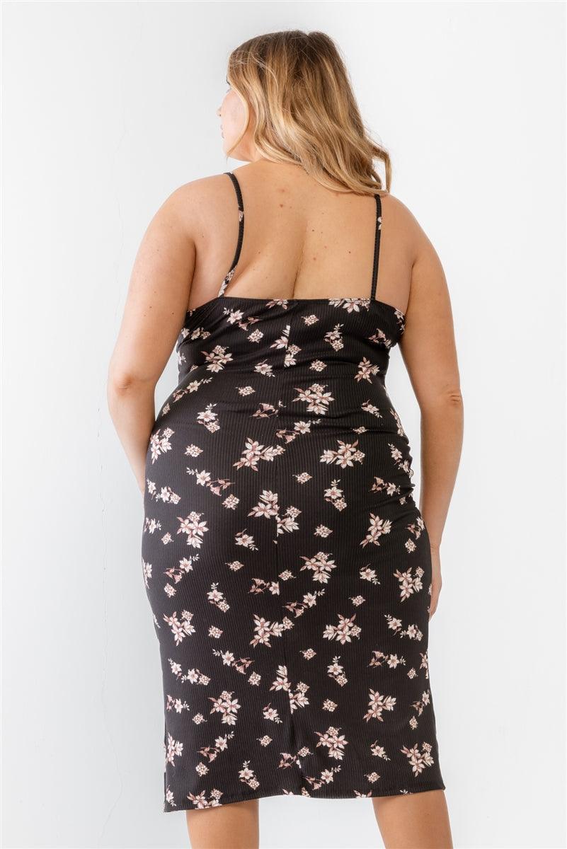 Plus Floral Ribbed Ruched Sleeveless Midi Dress | Mixtshop LLC