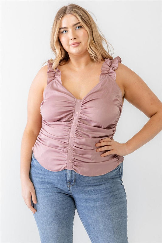 Plus Ruched Button-up Ruffle Strap Smocked Back Tank Top | Mixtshop LLC