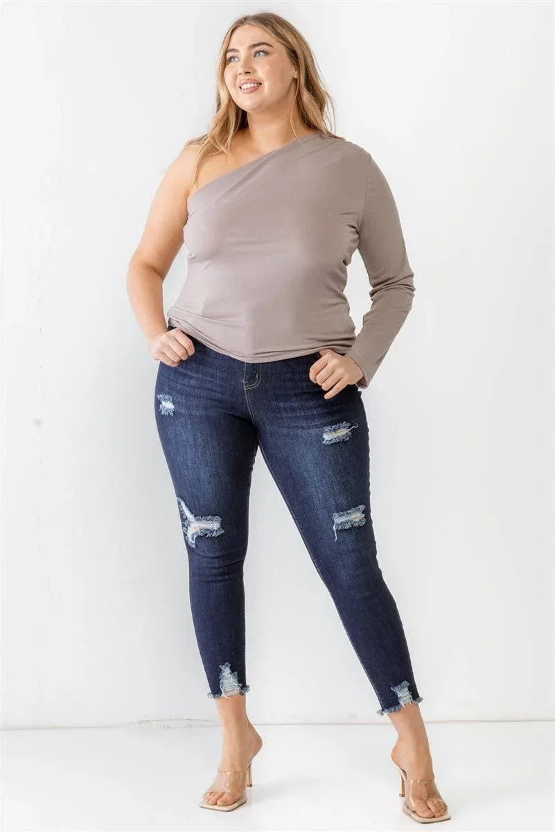 Plus Mocha Textured One Shoulder Top | Mixtshop LLC
