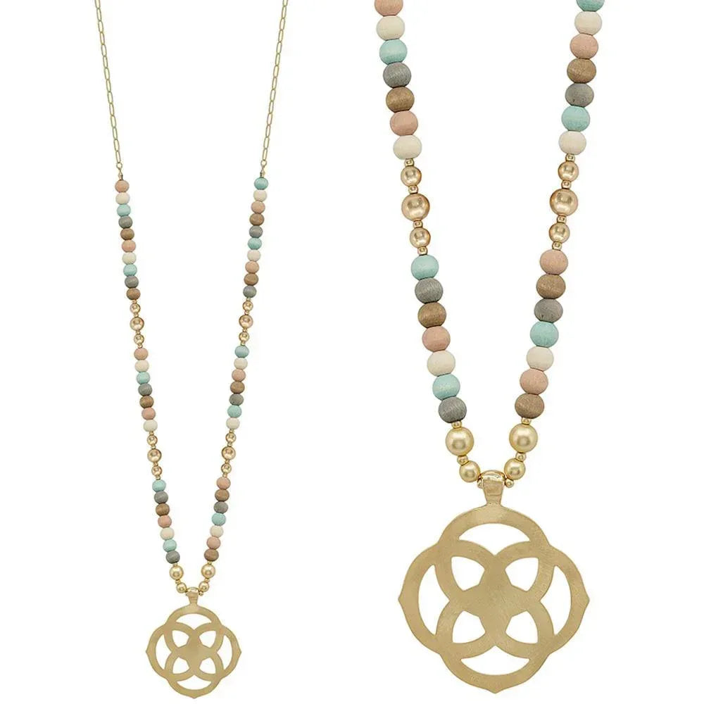 Flower Geometric Pendant Wood Bead Necklace | Mixtshop LLC