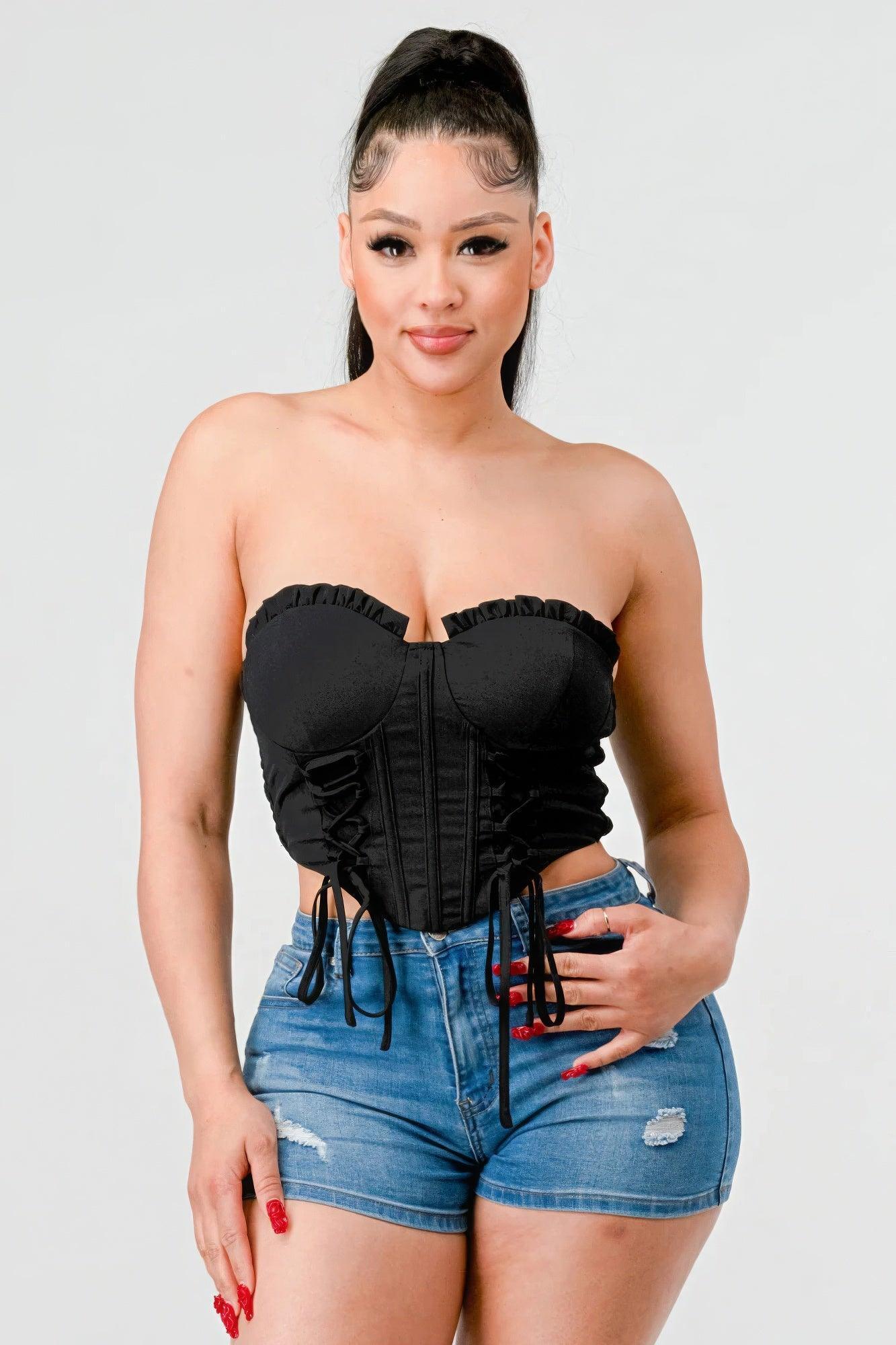 Luxe sweetheart ruffled drawstring lace bustier top | Mixtshop LLC Main image
