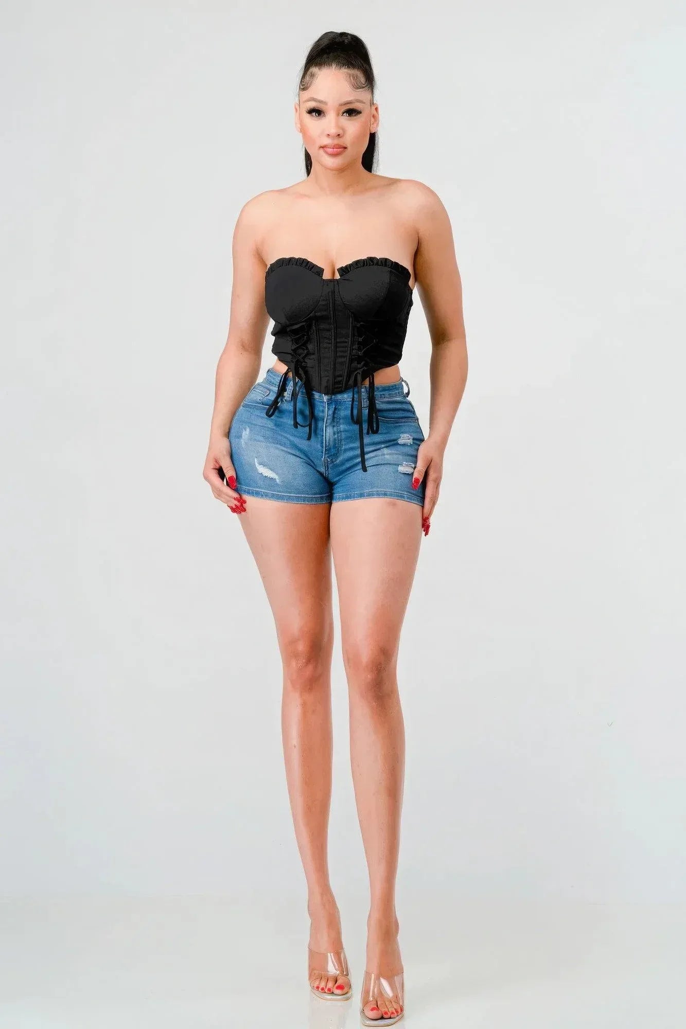 Luxe sweetheart ruffled drawstring lace bustier top Secondary image
