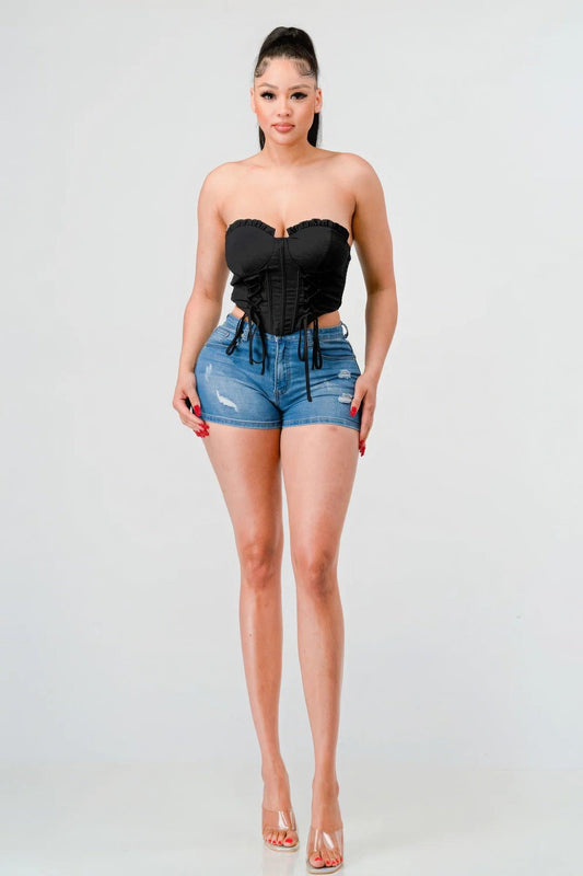 Luxe sweetheart ruffled drawstring lace bustier top | Mixtshop LLC