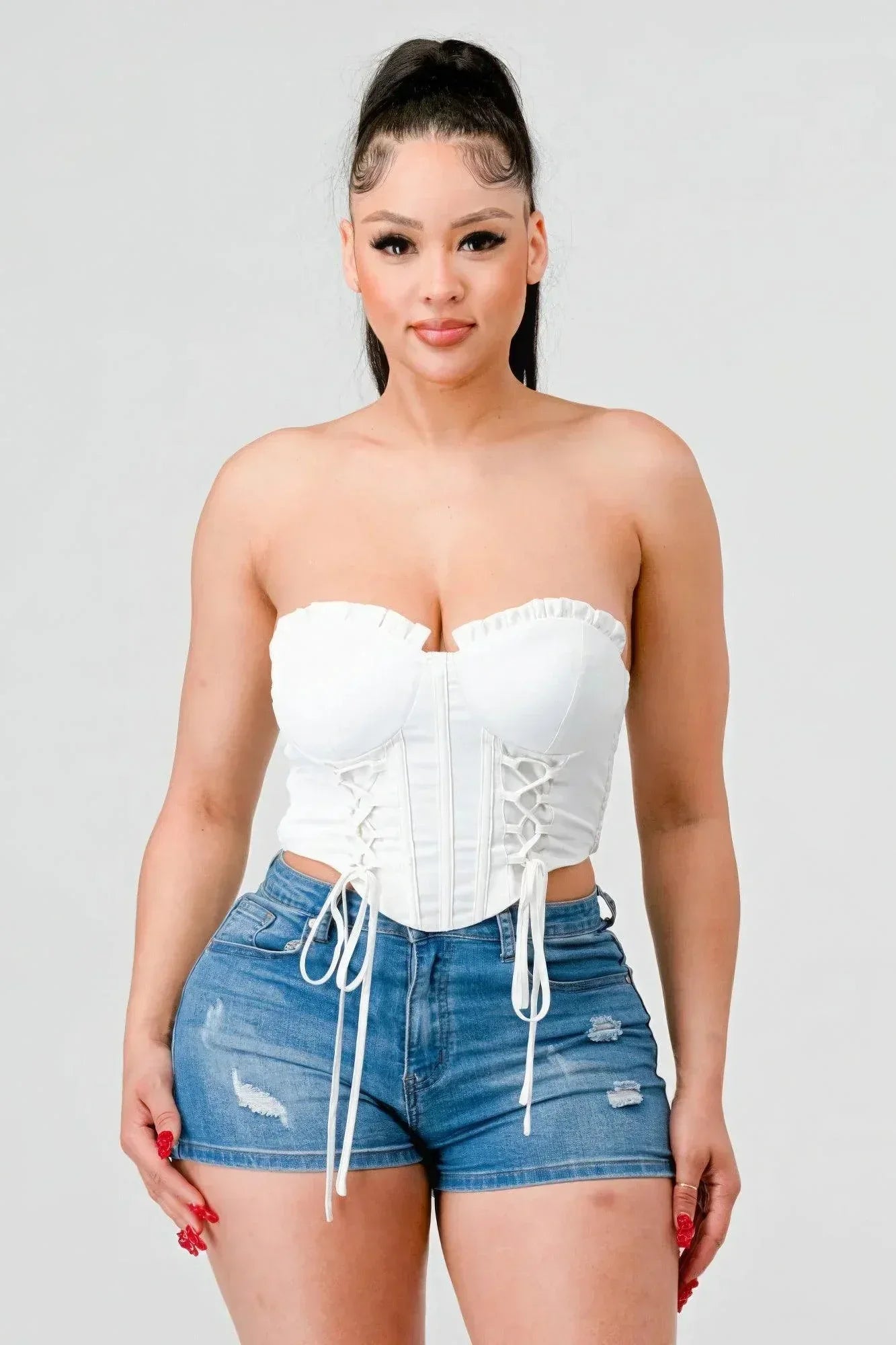 Luxe sweetheart ruffled drawstring lace bustier top | Mixtshop LLC Main image