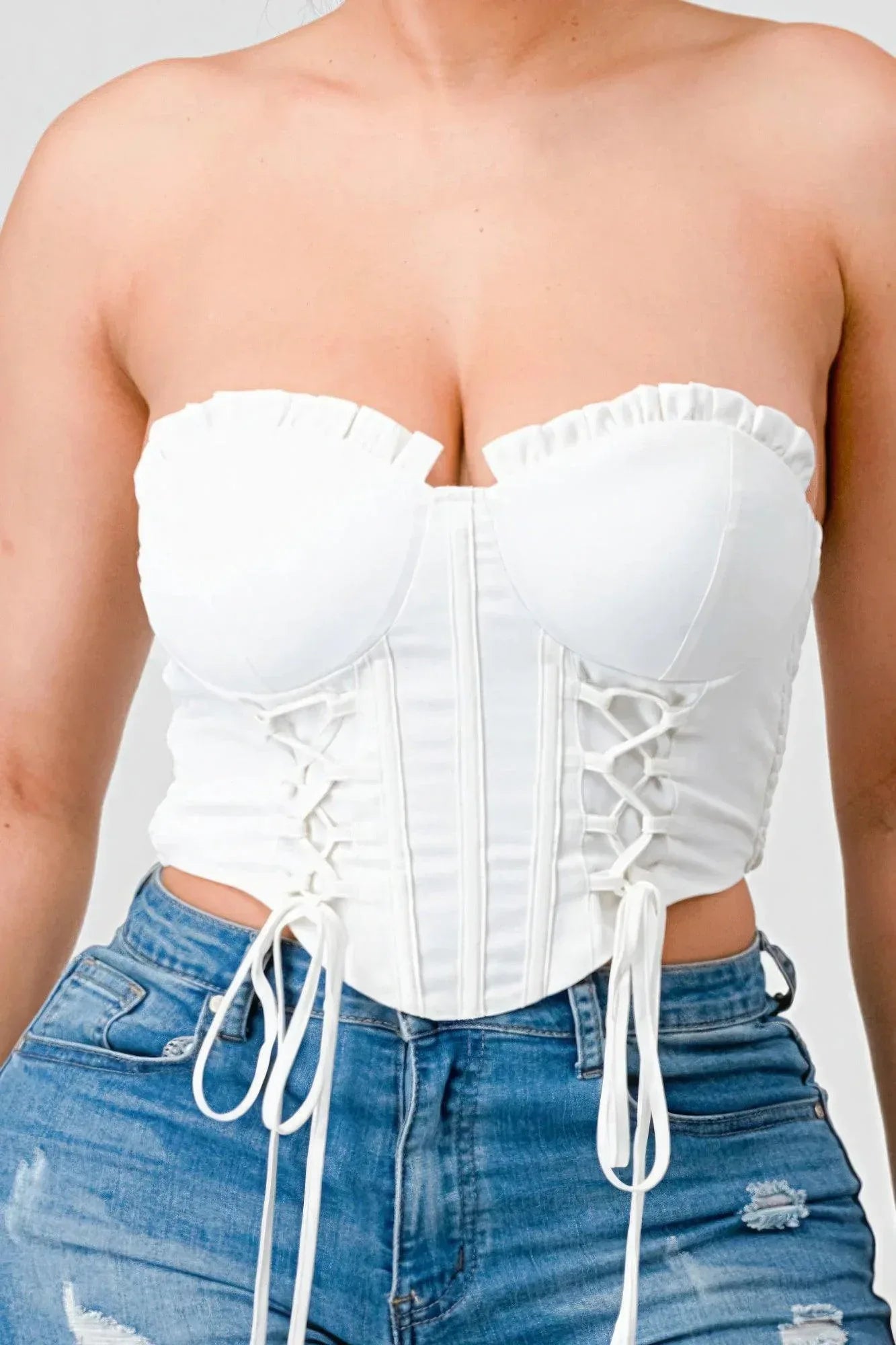 Luxe sweetheart ruffled drawstring lace bustier top | Mixtshop LLC