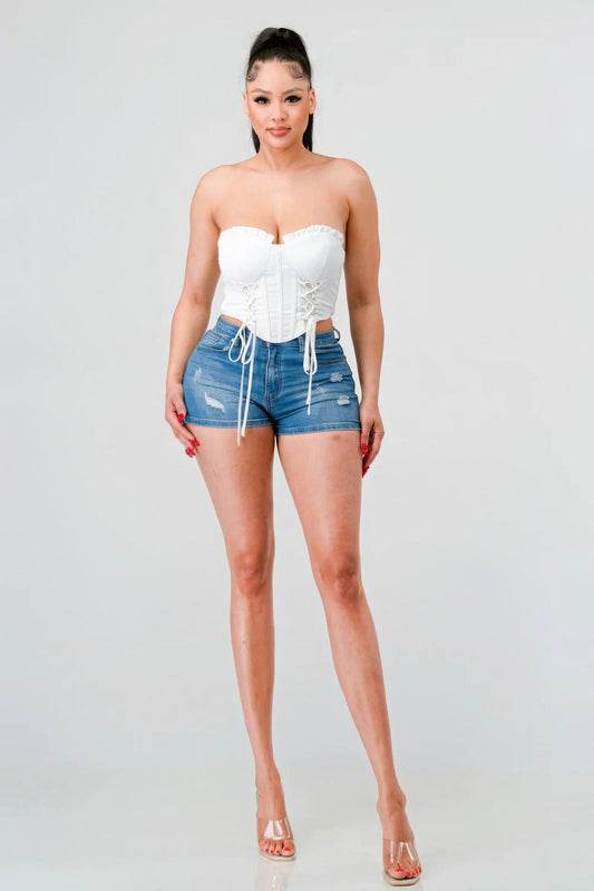 Luxe sweetheart ruffled drawstring lace bustier top | Mixtshop LLC