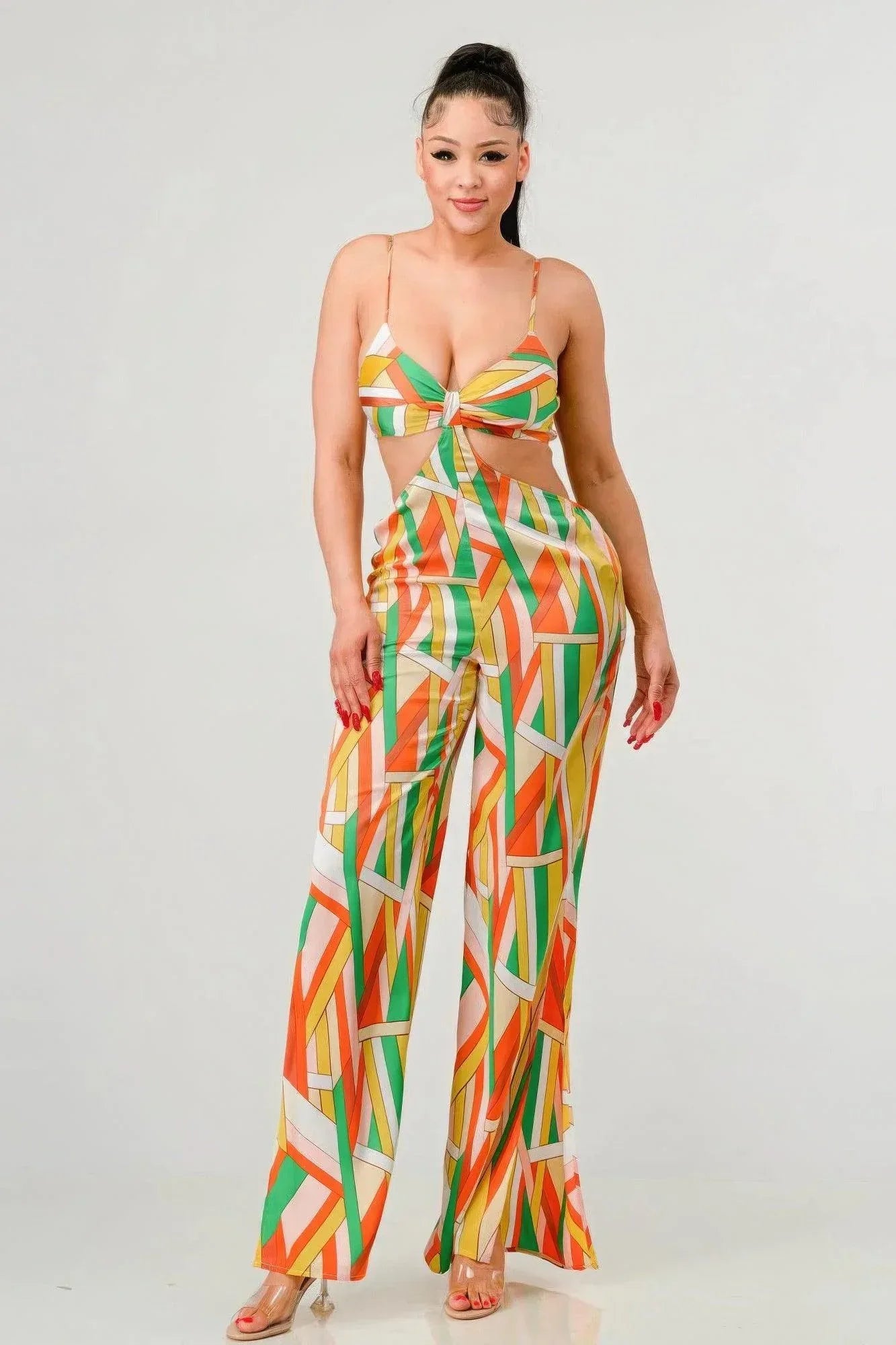Luxe geo print satin bra top and palazzo jumpsuit | Mixtshop LLC Main image