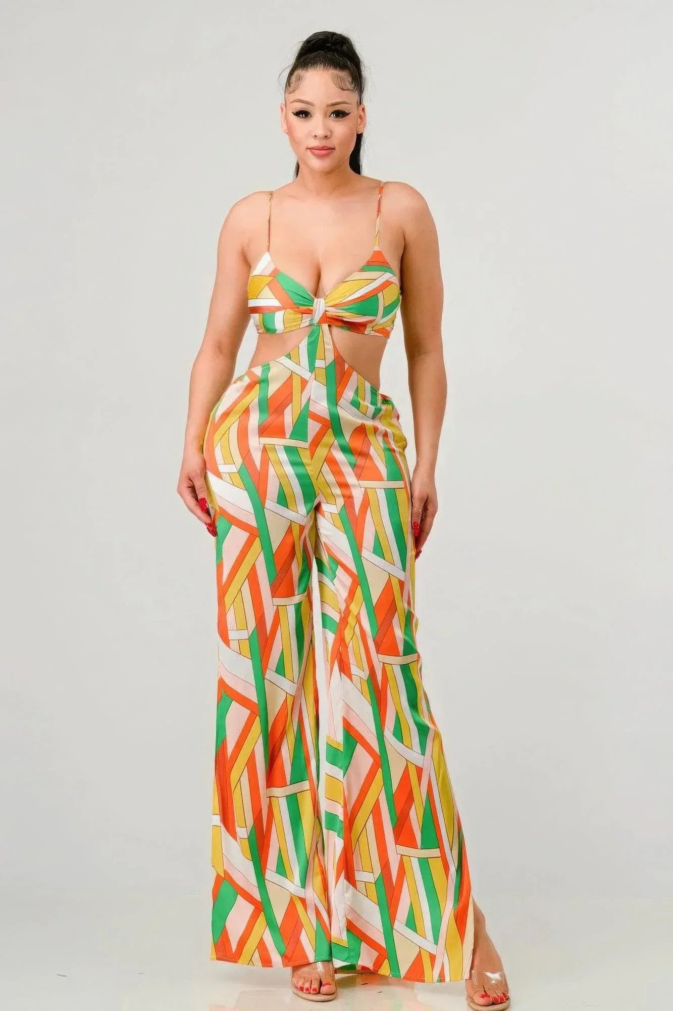 Luxe geo print satin bra top and palazzo jumpsuit Secondary image