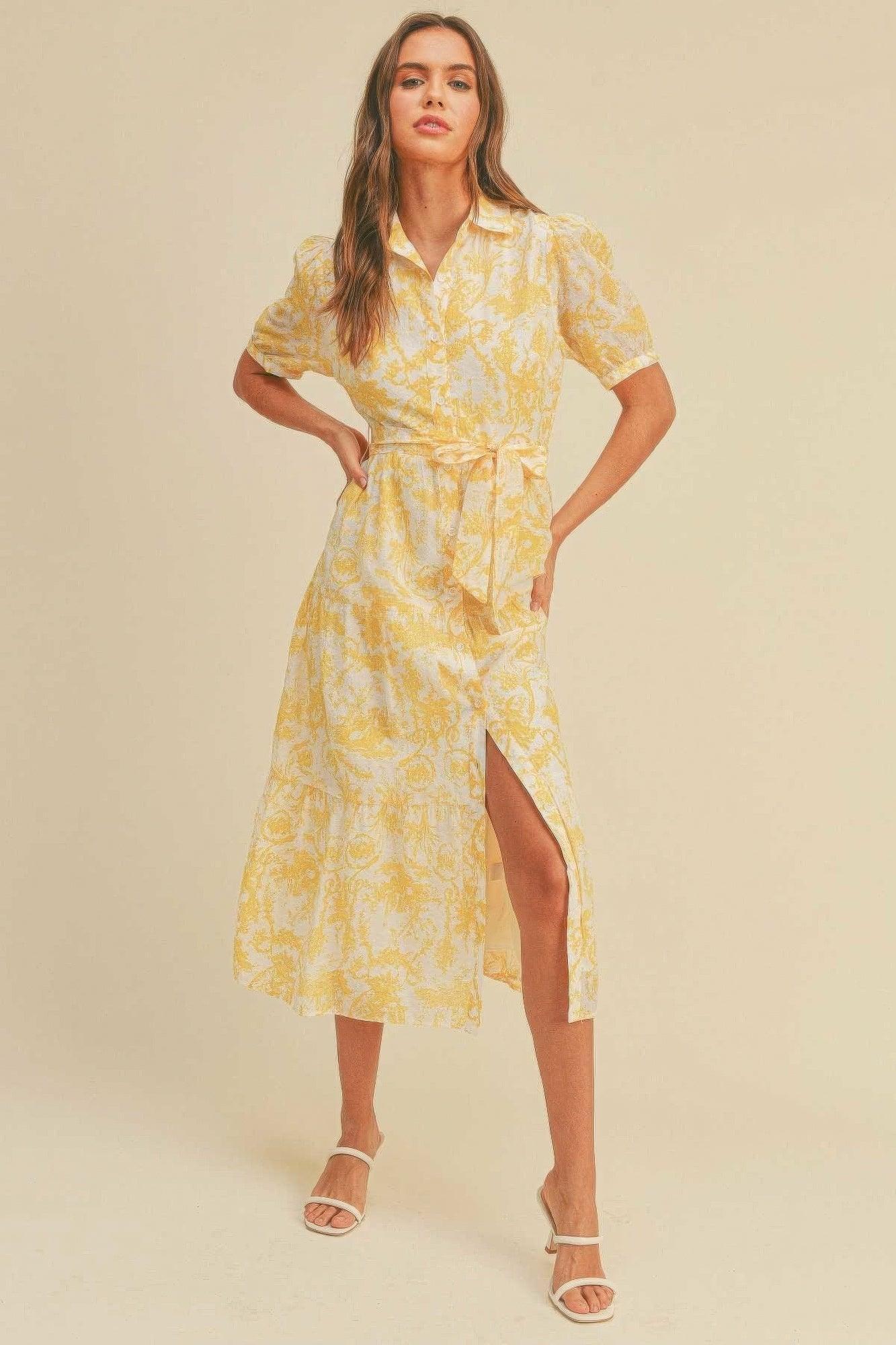 Button closure waist belt puff sleeve dress | Mixtshop LLC Main image