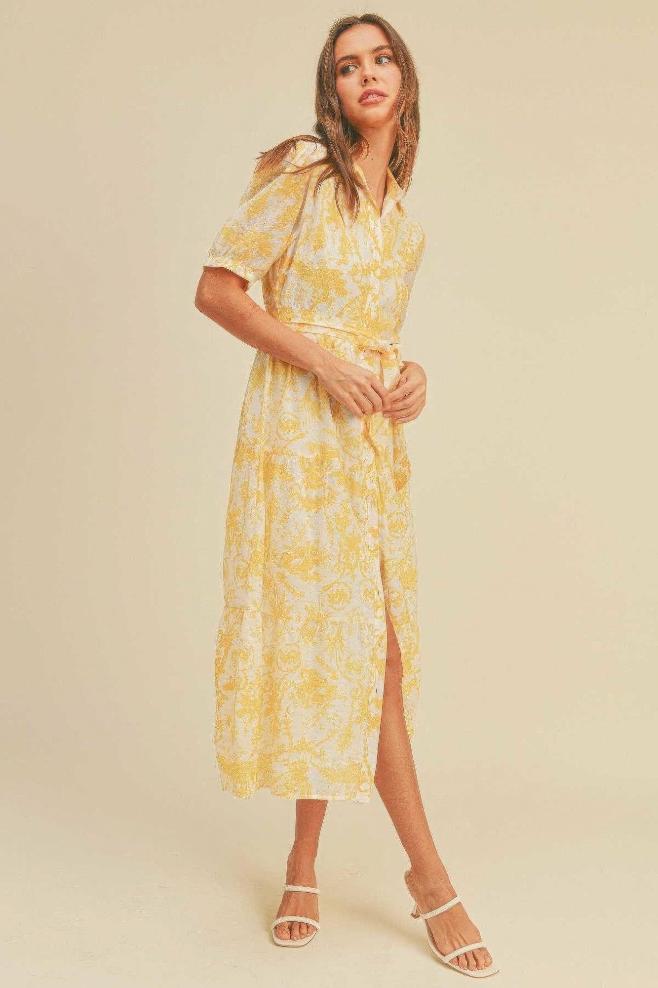 Button closure waist belt puff sleeve dress Secondary image