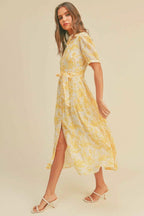 Button closure waist belt puff sleeve dress | Mixtshop LLC