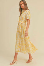 Button closure waist belt puff sleeve dress | Mixtshop LLC