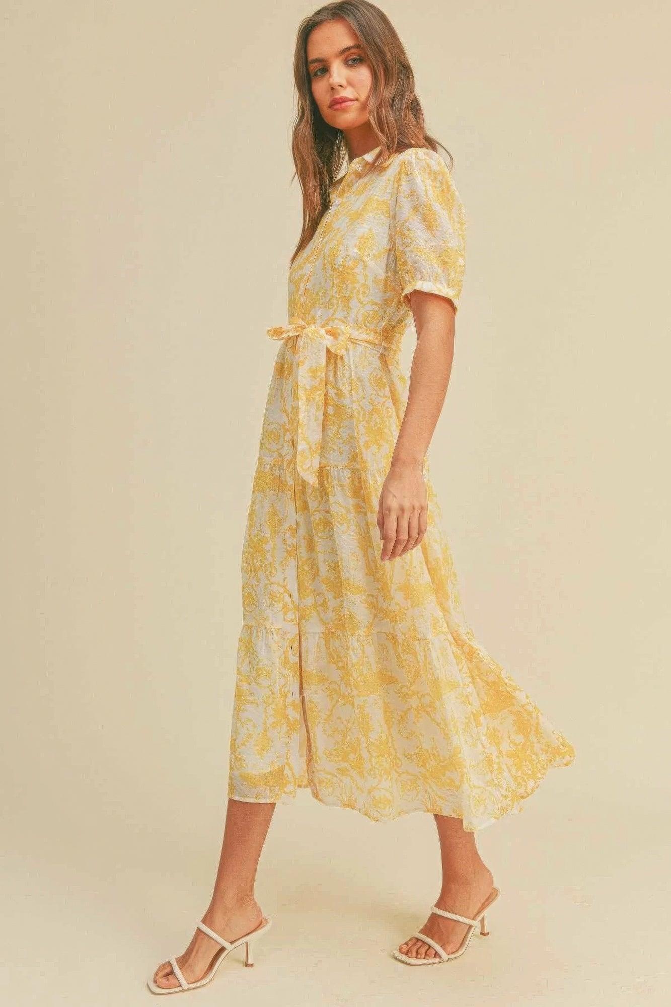 Button closure waist belt puff sleeve dress | Mixtshop LLC