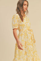 Button closure waist belt puff sleeve dress | Mixtshop LLC