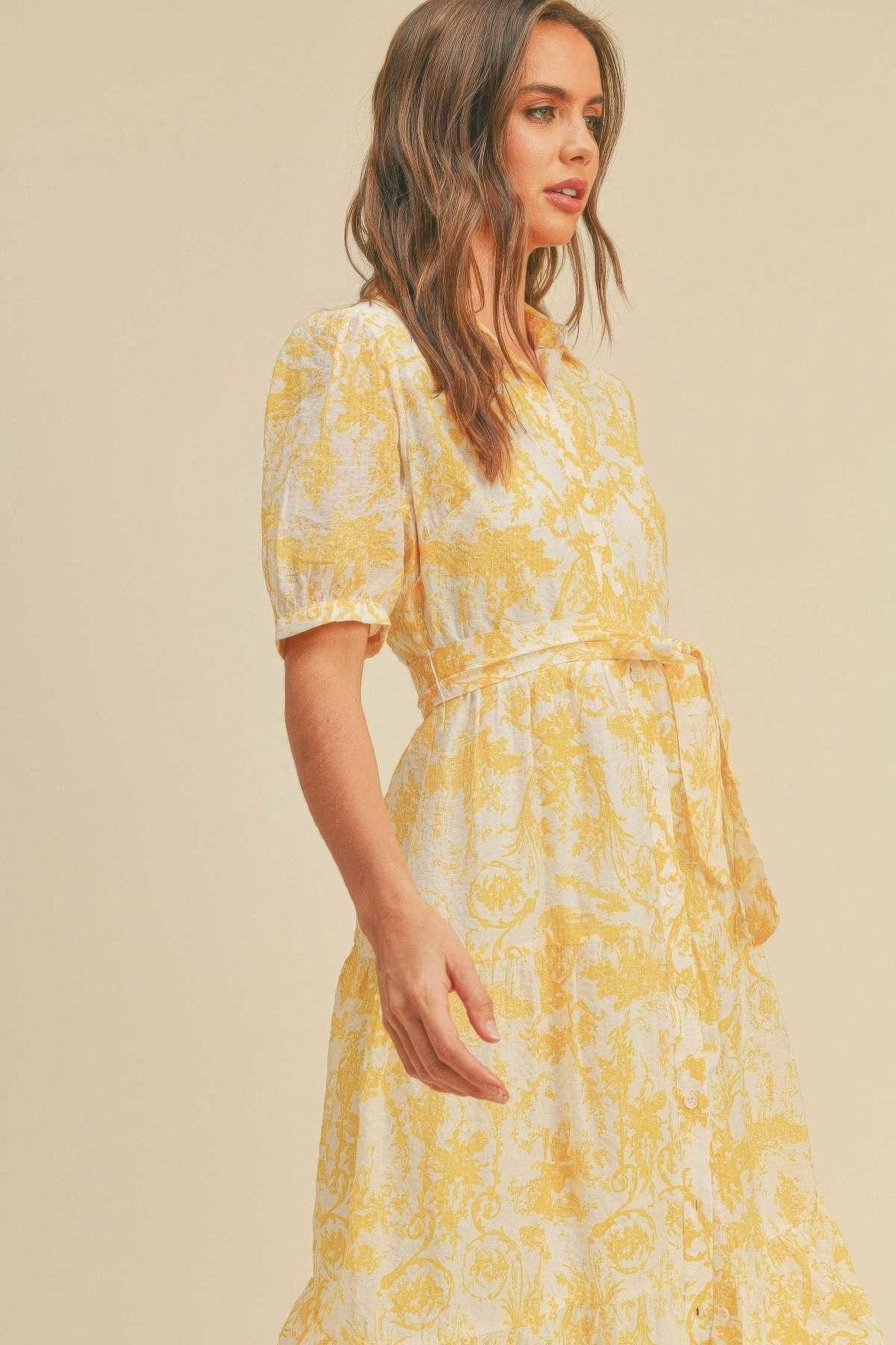 Button closure waist belt puff sleeve dress | Mixtshop LLC