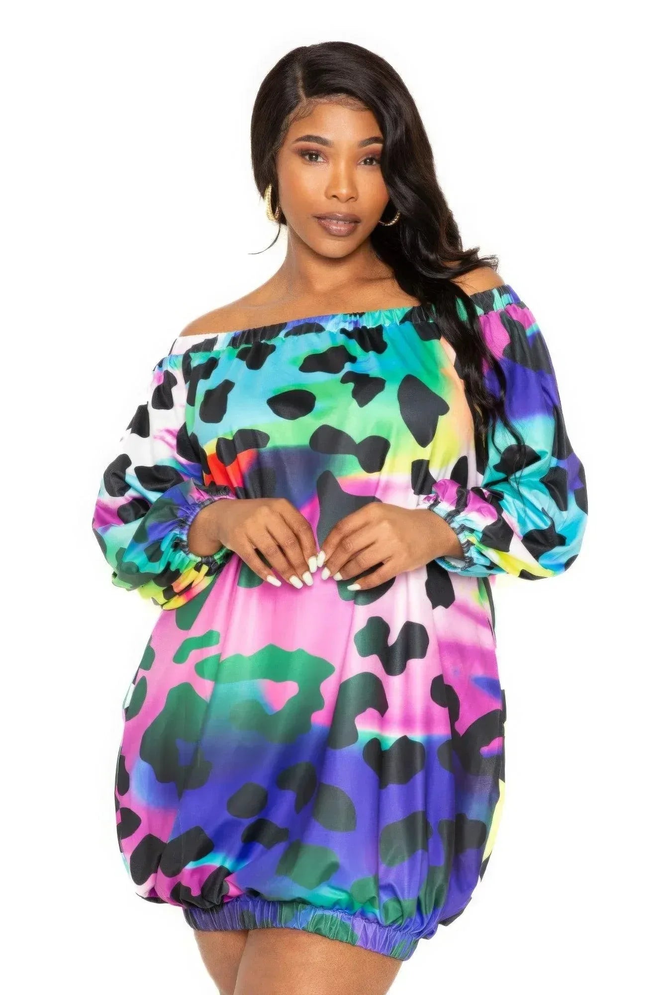 Electric leopard off shoulder bubble mini dress | Mixtshop LLC Main image