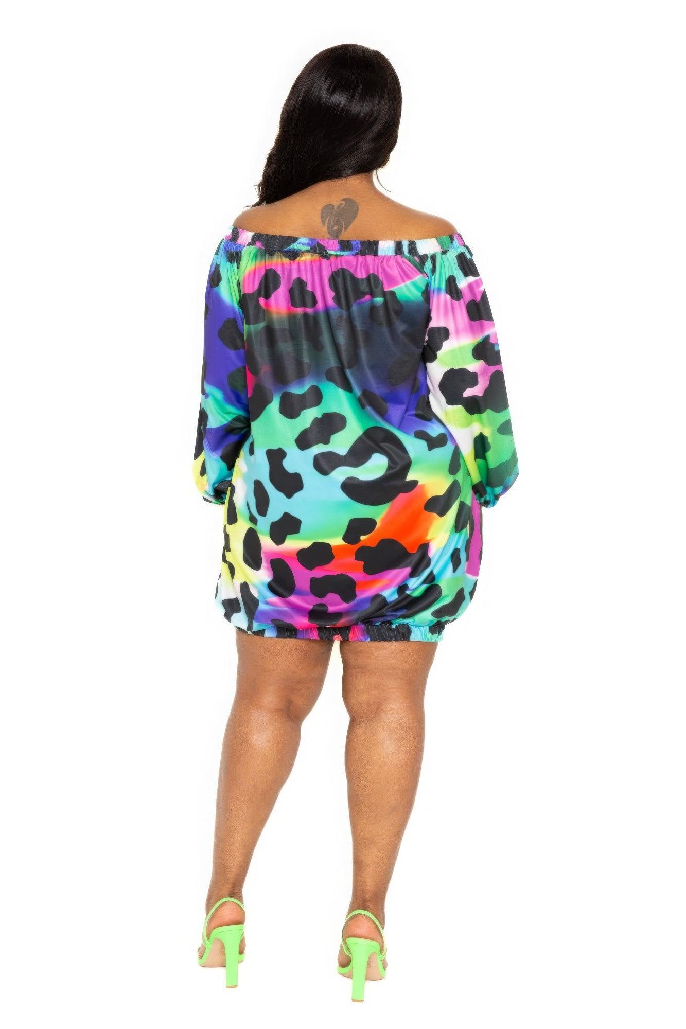 Electric leopard off shoulder bubble mini dress | Mixtshop LLC
