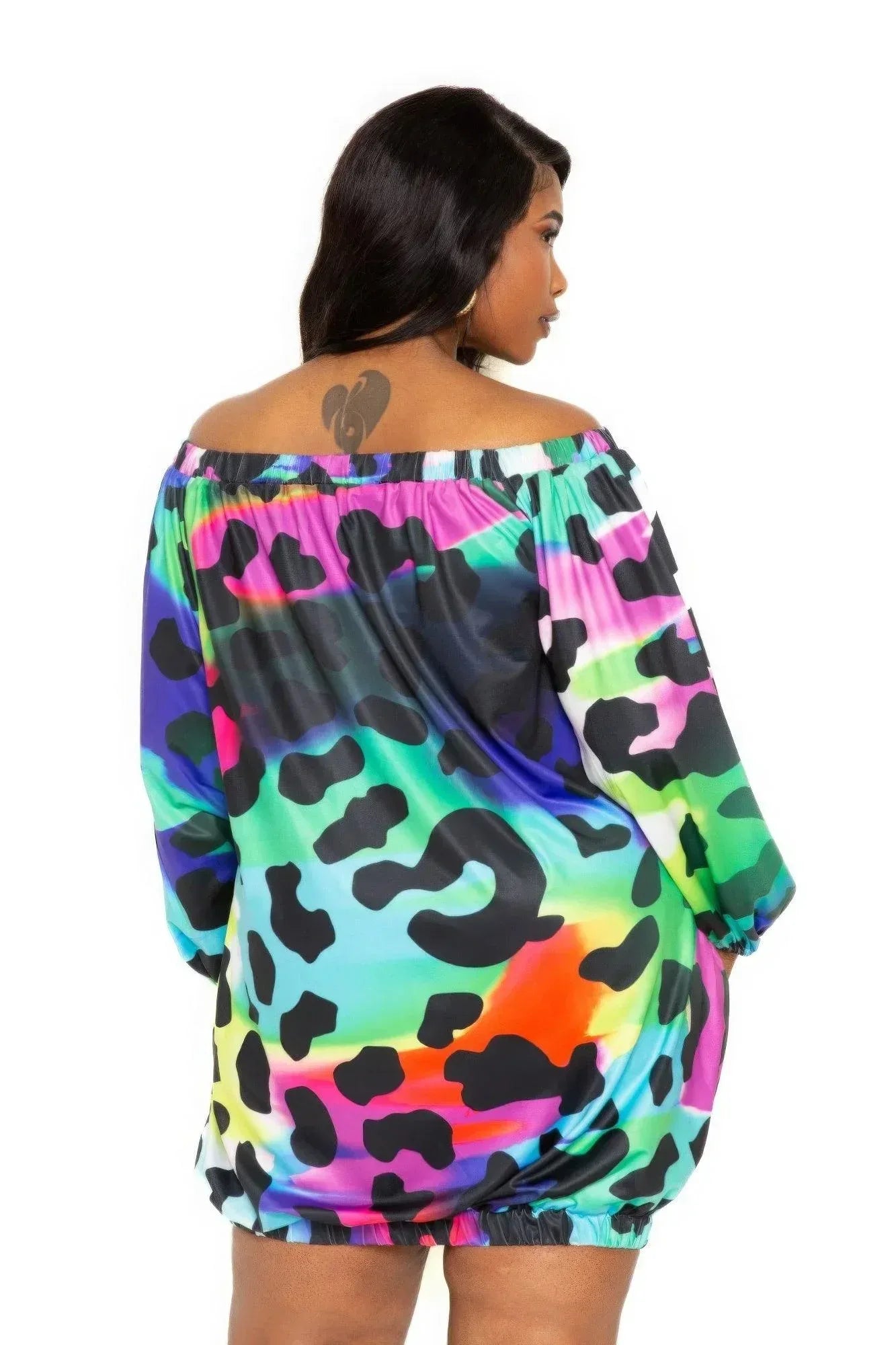Electric leopard off shoulder bubble mini dress | Mixtshop LLC