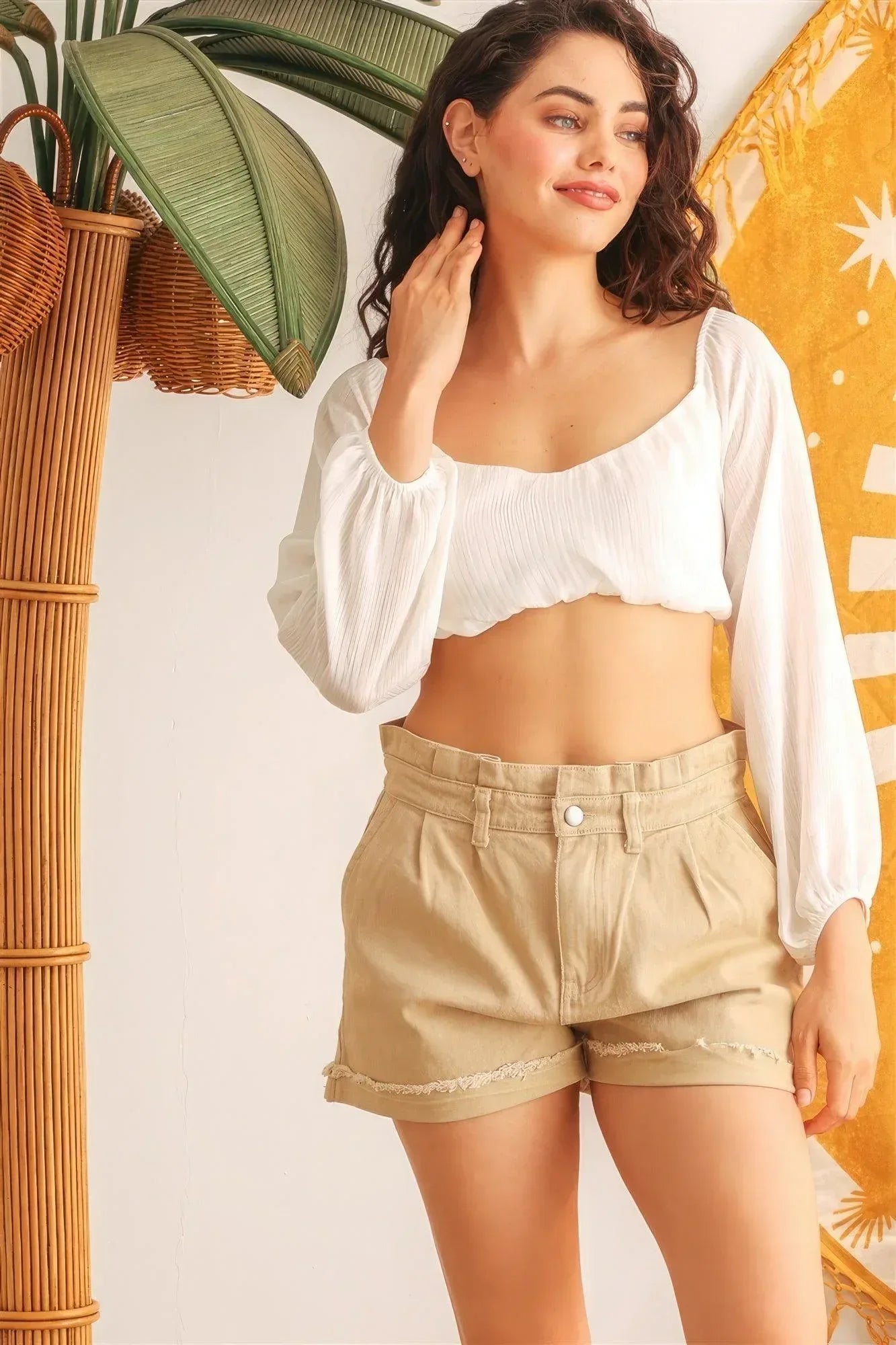Ivory Puff Long Sleeve Smocked Back Crop Top | Mixtshop LLC Main image