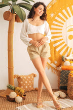 Ivory Puff Long Sleeve Smocked Back Crop Top | Mixtshop LLC