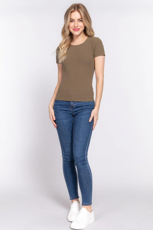 Short Slv Crew Neck Variegated Rib Knit Top | Mixtshop LLC