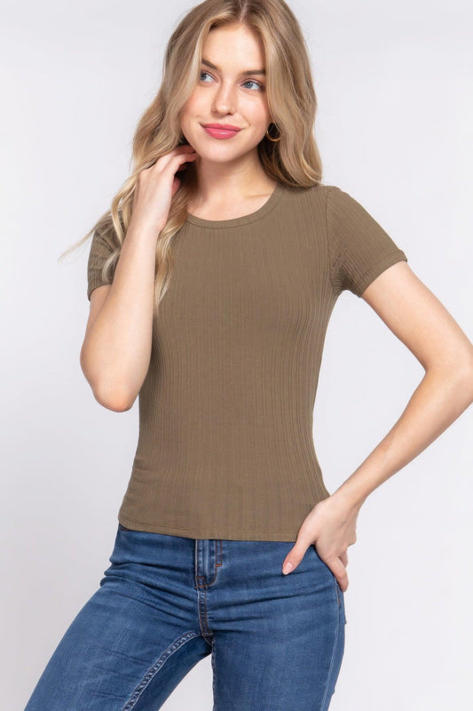 Short Slv Crew Neck Variegated Rib Knit Top | Mixtshop LLC