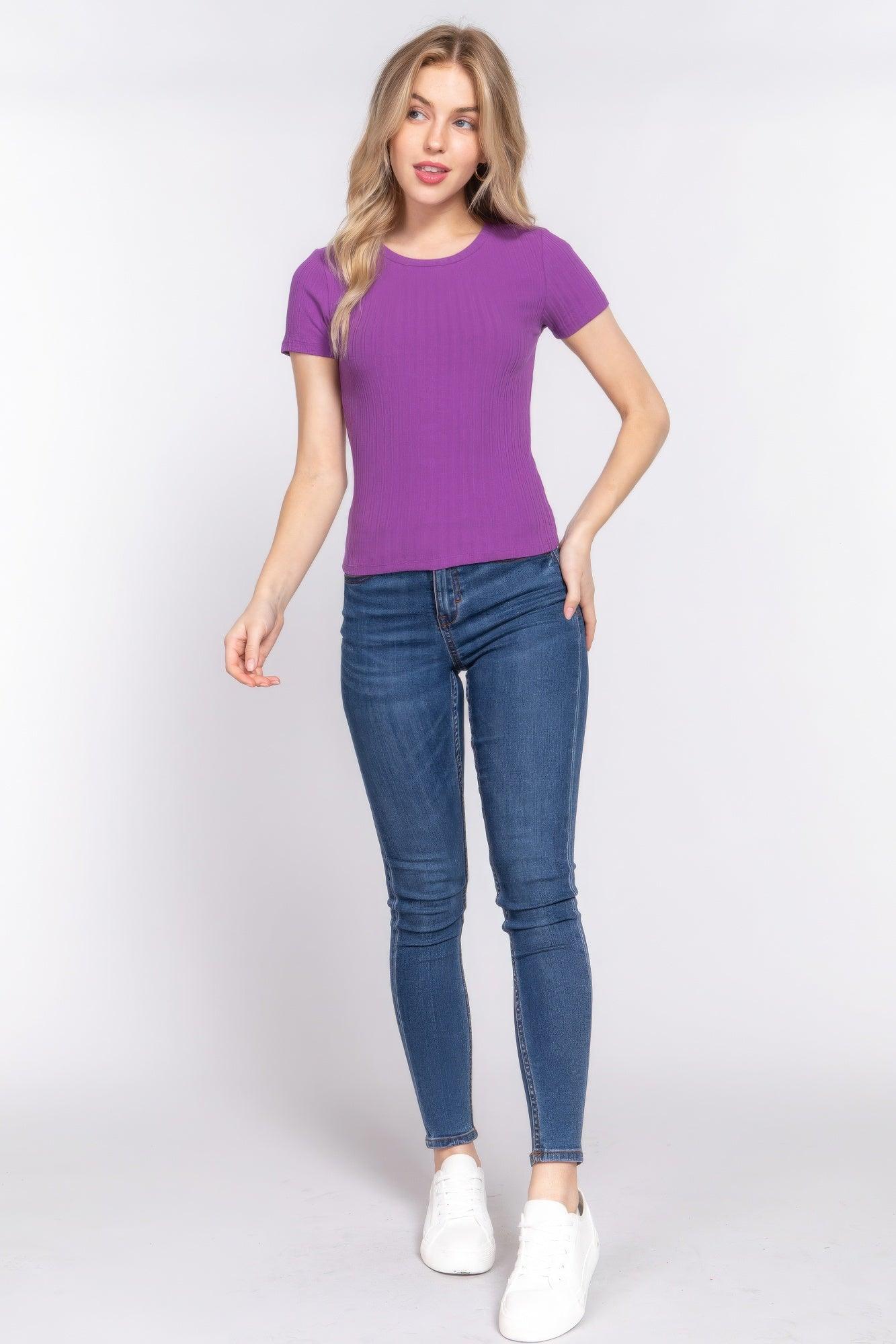 Short Slv Crew Neck Variegated Rib Knit Top | Mixtshop LLC