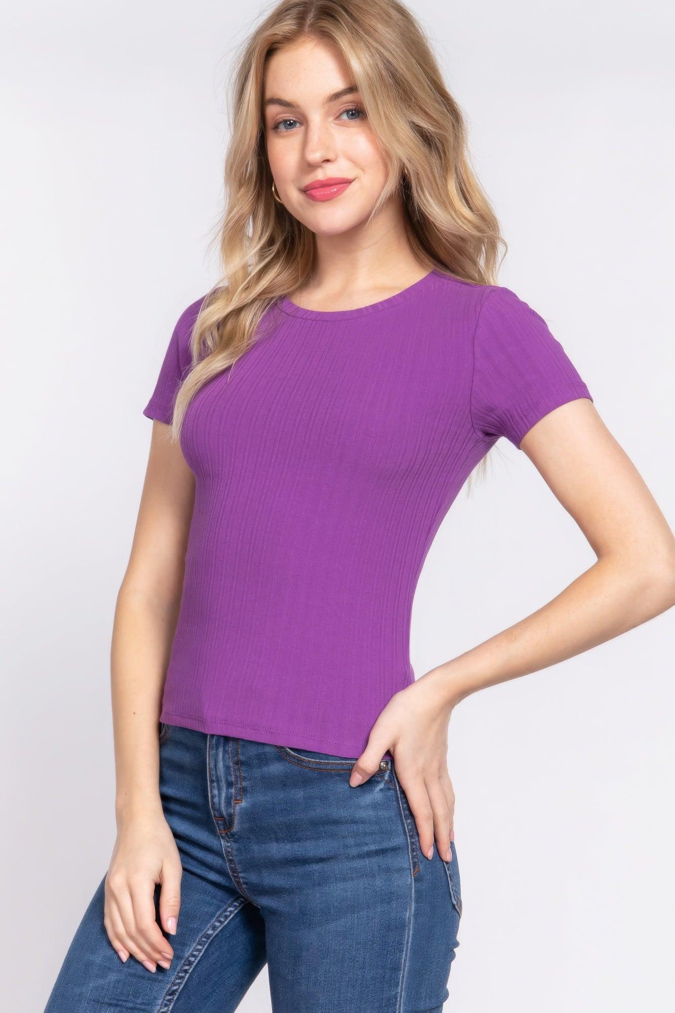 Short Slv Crew Neck Variegated Rib Knit Top | Mixtshop LLC