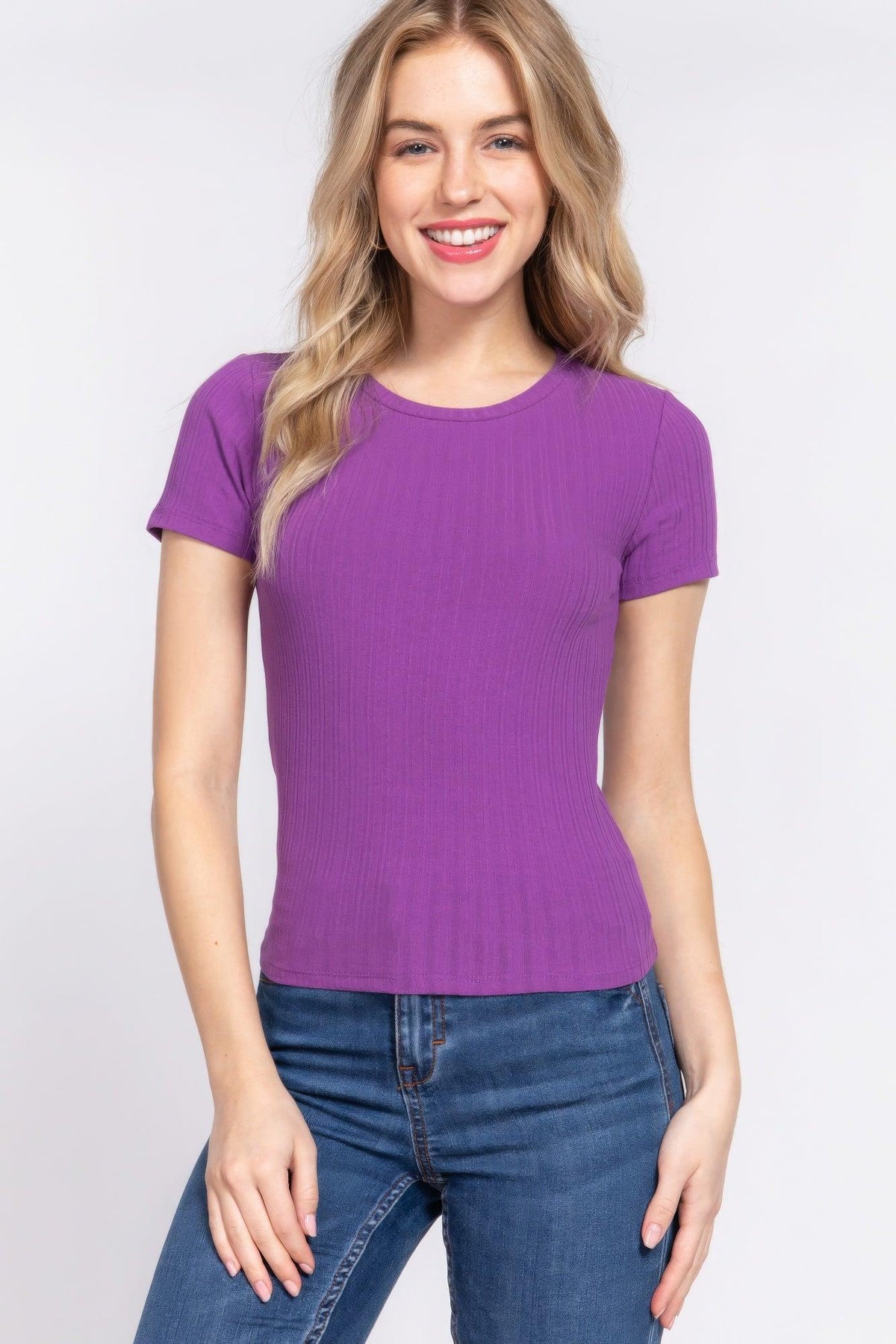 Short Slv Crew Neck Variegated Rib Knit Top | Mixtshop LLC