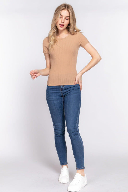 Short Slv Crew Neck Variegated Rib Knit Top | Mixtshop LLC