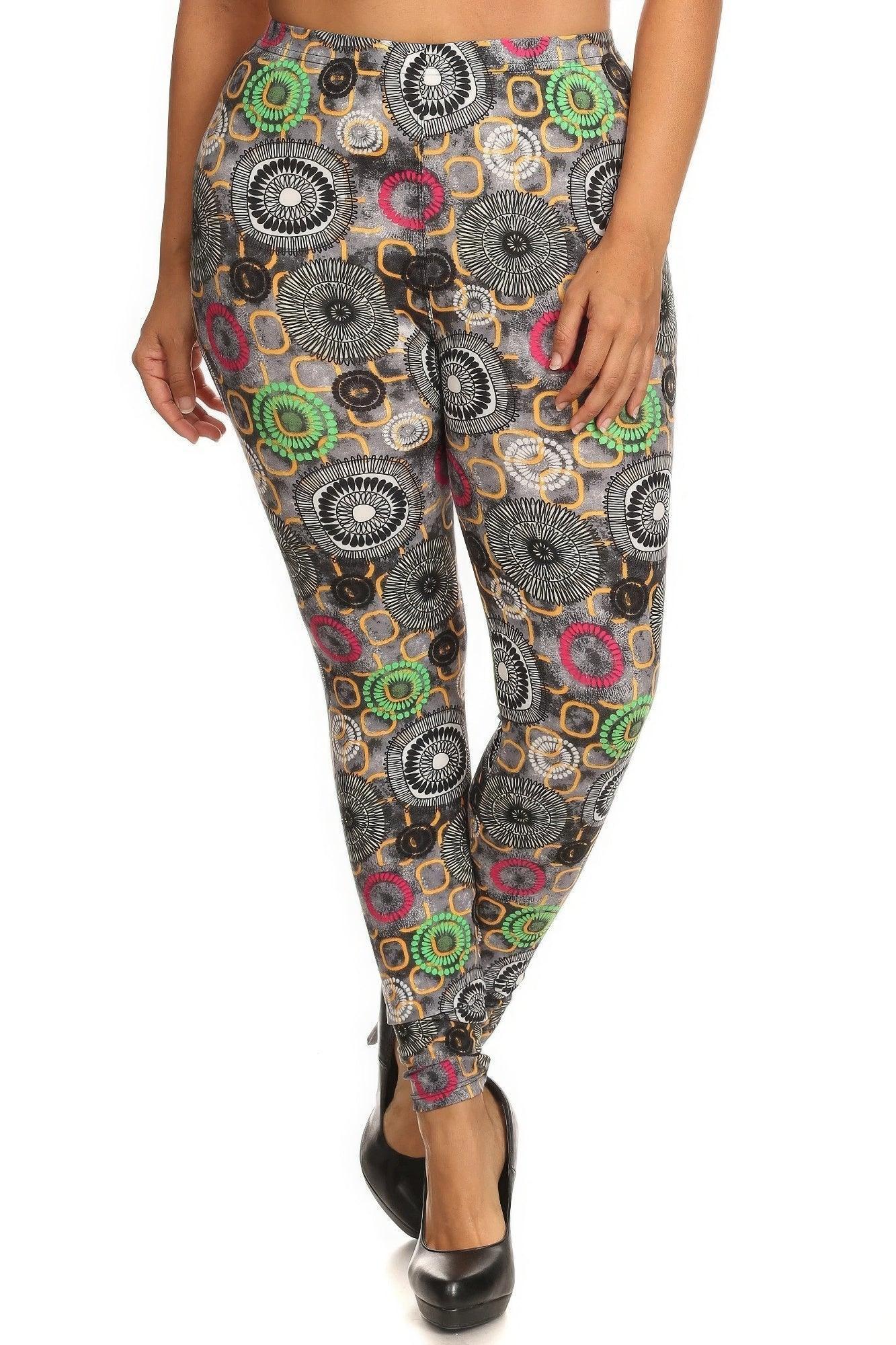 Plus Size Abstract Print, Full Length Leggings In A Slim Fitting Style With A Banded High Waist | Mixtshop LLC Main image