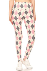5-inch Long Yoga Style Banded Lined Argyle Printed Knit Legging With High Waist | Mixtshop LLC