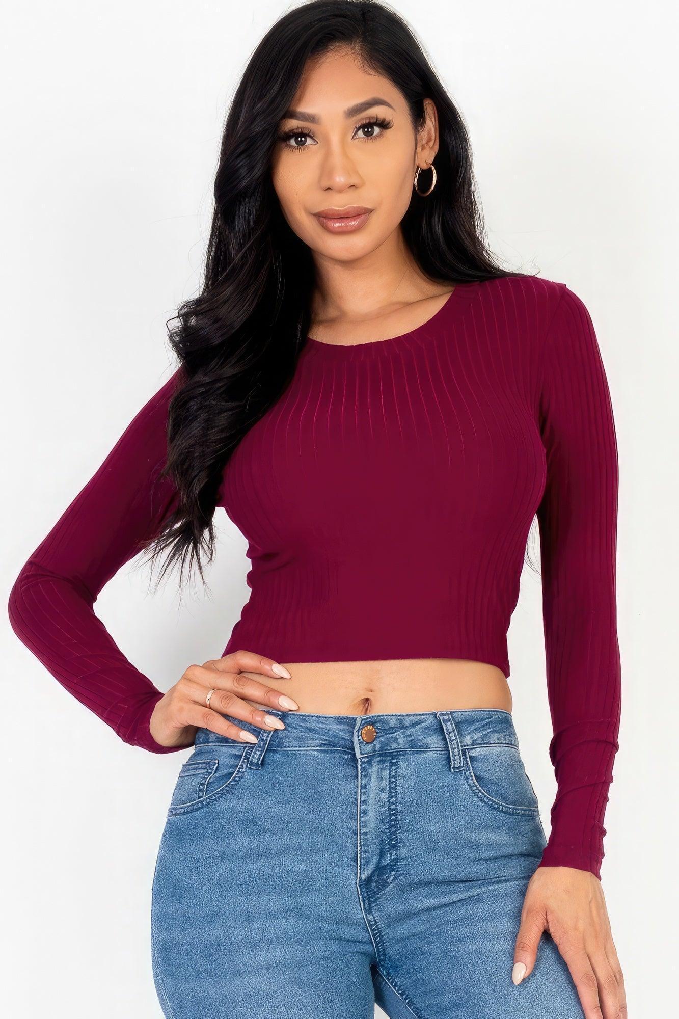 Long Sleeve Round Neck Basic Crop Top | Mixtshop LLC Main image