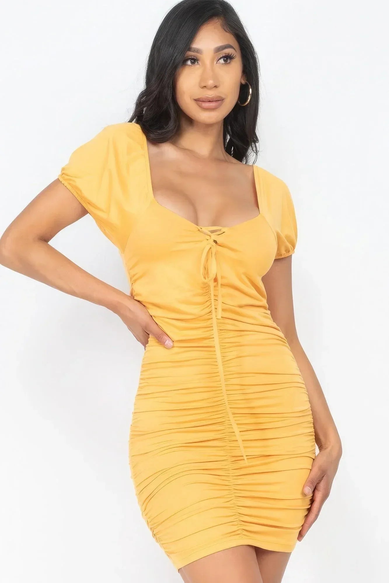 Front Lace Up Ruched Mini Dress | Mixtshop LLC