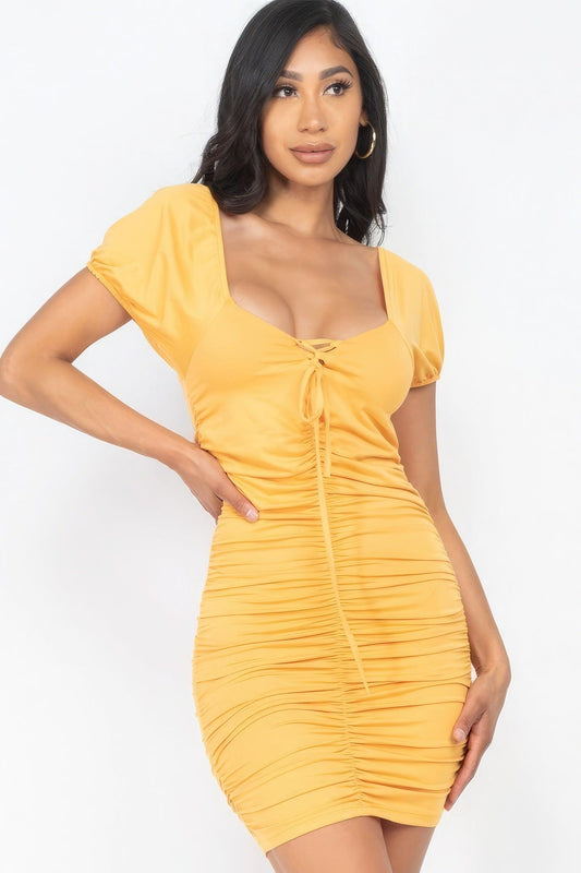 Front Lace Up Ruched Mini Dress | Mixtshop LLC