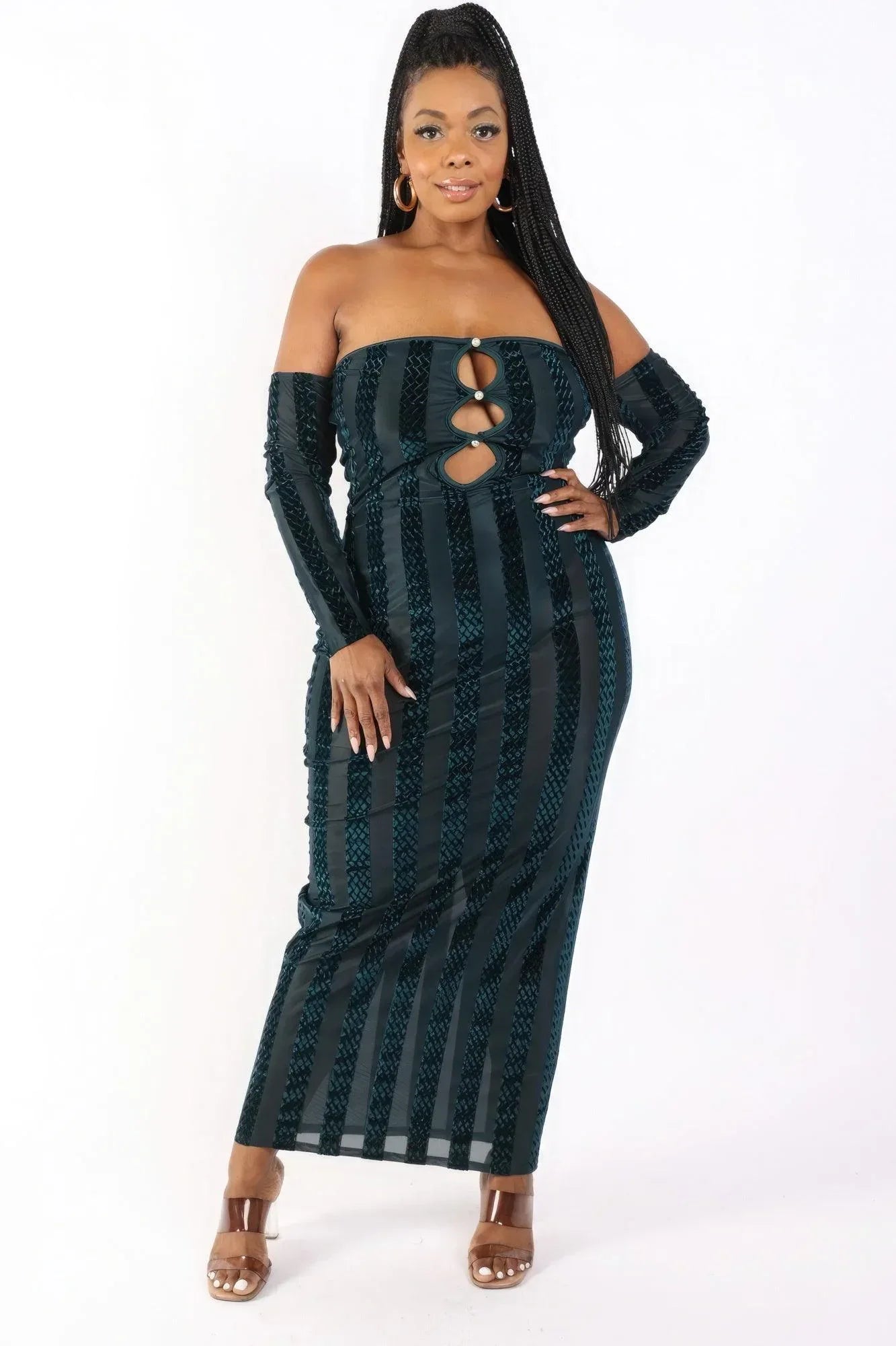 Striped Velvet Off Shoulder Dress | Mixtshop LLC Main image