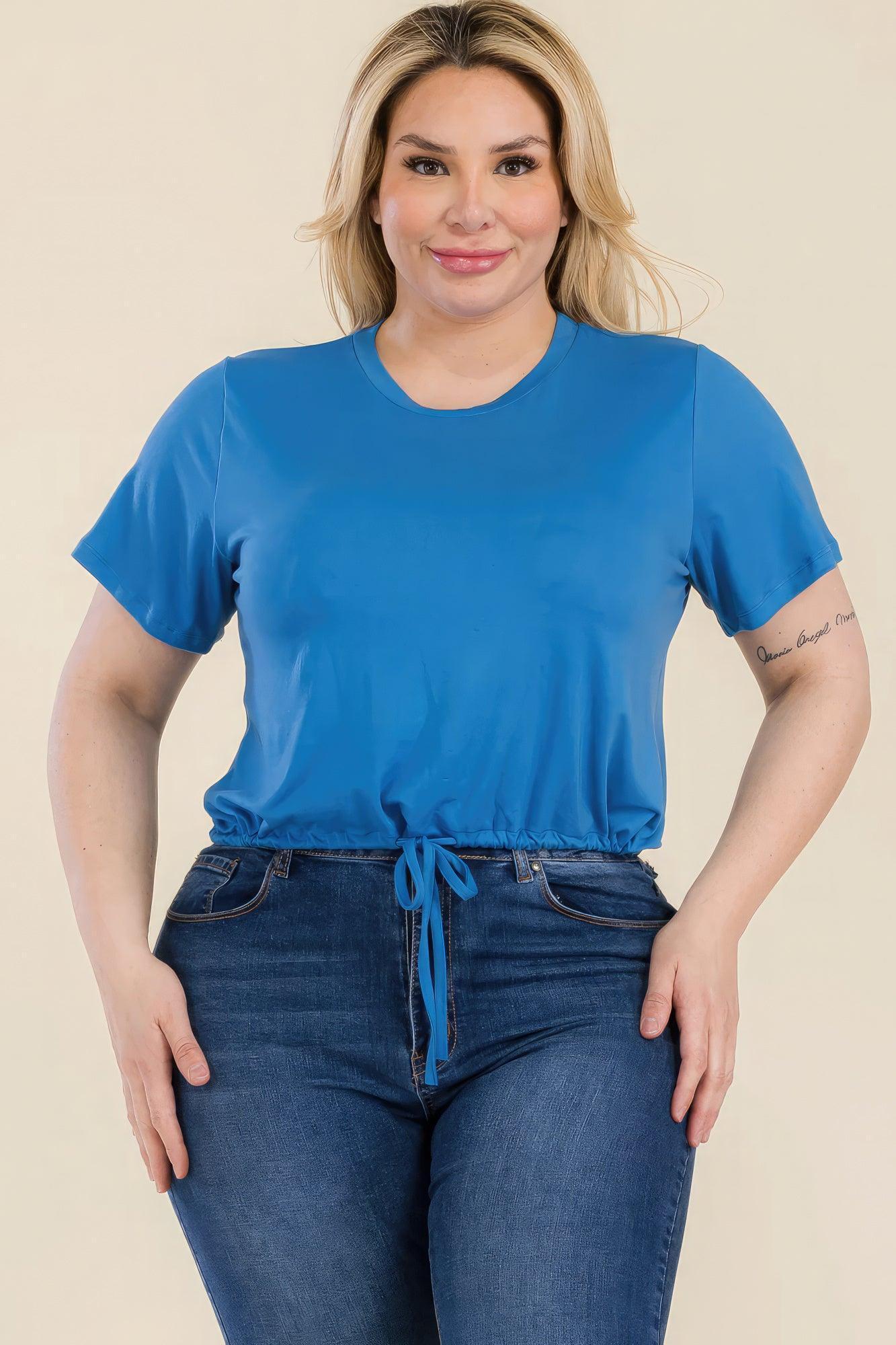 Plus Size Tie Front Drawstring Short Sleeve Crop Top | Mixtshop LLC
