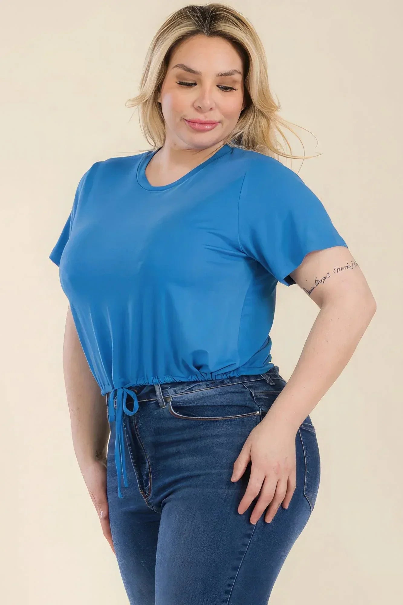 Plus Size Tie Front Drawstring Short Sleeve Crop Top | Mixtshop LLC