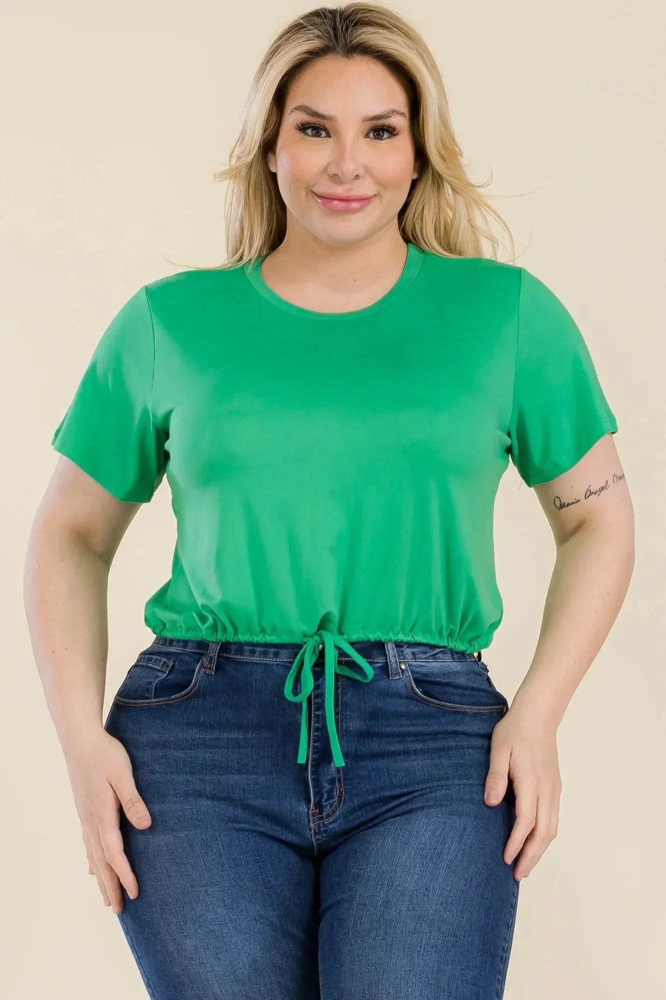 Plus Size Tie Front Drawstring Short Sleeve Crop Top | Mixtshop LLC Main image