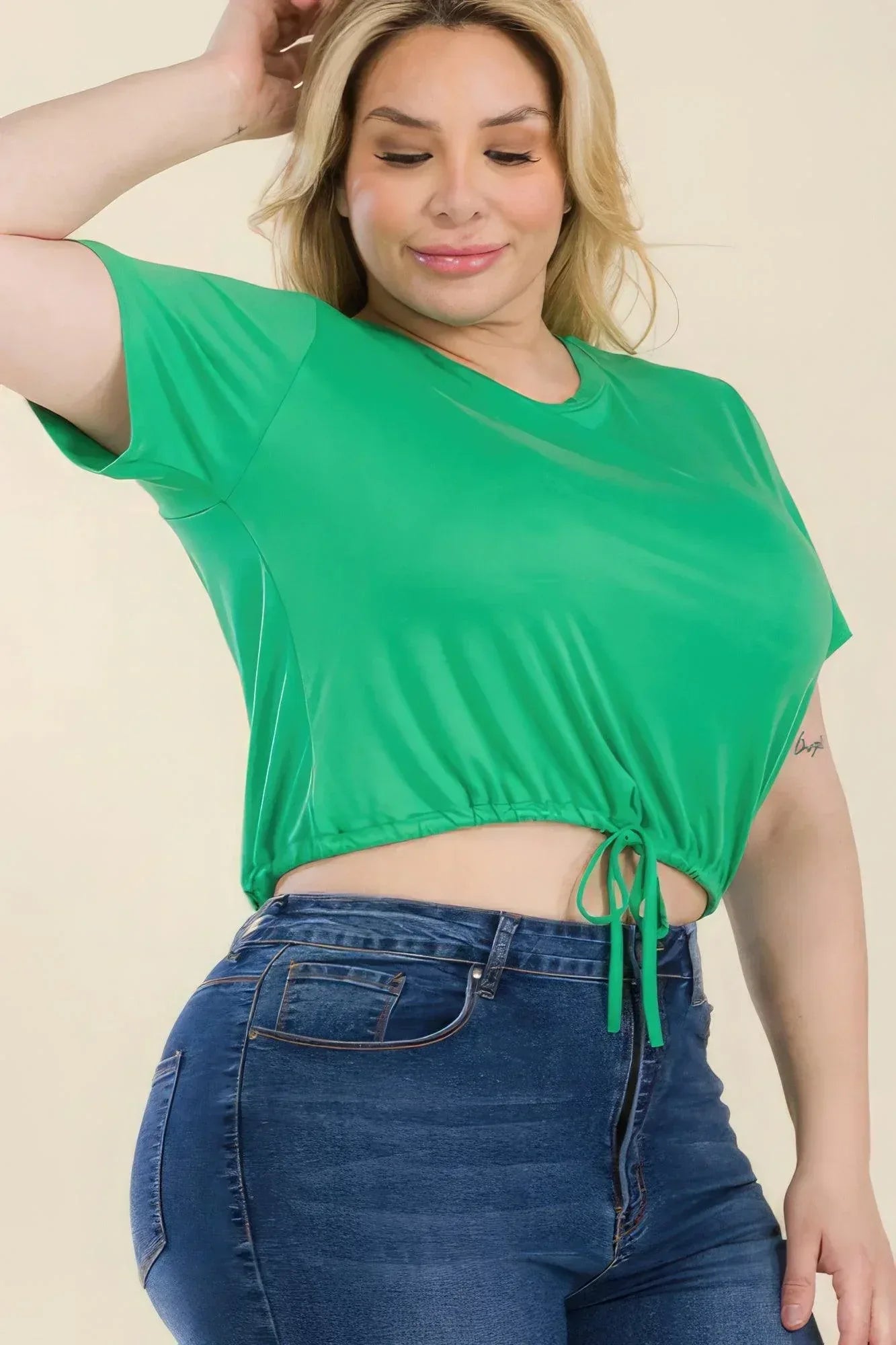 Plus Size Tie Front Drawstring Short Sleeve Crop Top | Mixtshop LLC