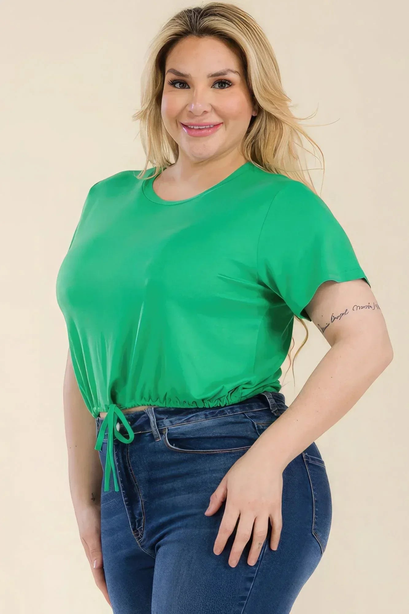 Plus Size Tie Front Drawstring Short Sleeve Crop Top | Mixtshop LLC